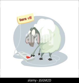 Digitale Vektor lustige Schaf Comicfigur versucht eine Gadget und schob ein rotes ausschalten Taste, abstrakte flachen Stil Stock Vektor