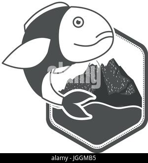 monochrome Silhouette Diamant-Form-Emblem-Berge und den Fluss mit Bass Fisch zur Seite Stock Vektor