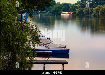 Aus dem Park Herastrau mit Booten und ein Bootshaus am See Stockfoto