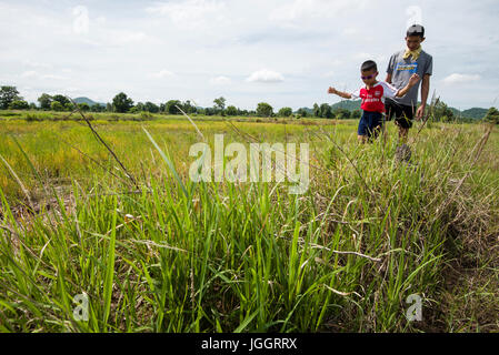 Kinder zu Fuß in einem Reisfeld in Thailand Stockfoto