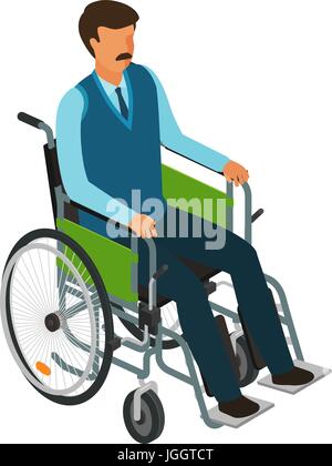 Mann sitzt im Rollstuhl. Ungültig, Behinderte, Krüppel Icon oder Symbol. Cartoon-Vektor-illustration Stock Vektor