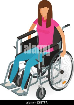 Mädchen, Frau, die im Rollstuhl sitzen. Ungültig, Behinderte, Krüppel Icon oder Symbol. Cartoon-Vektor-Illustration isoliert auf weißem Hintergrund Stock Vektor