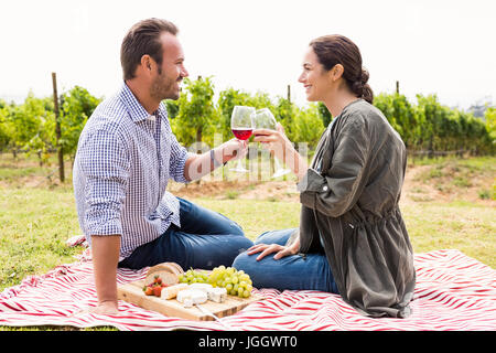 Lächelnd junges Paar Toasten rote Weingläser auf Rasen Stockfoto