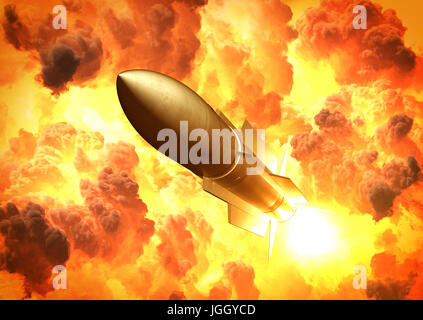 Raketenstart In den Wolken des Feuers Stockfoto