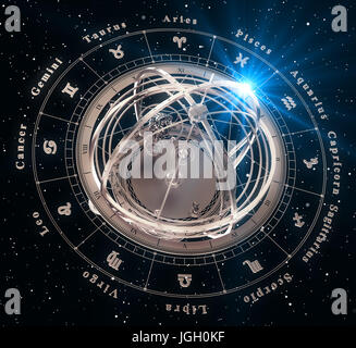 Tierkreiszeichen und Armillarsphäre auf schwarzem Hintergrund Stockfoto