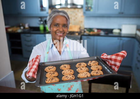 Erhöhte Ansicht der Frau, die Cookies im Tray zu Hause stehen bereit Stockfoto