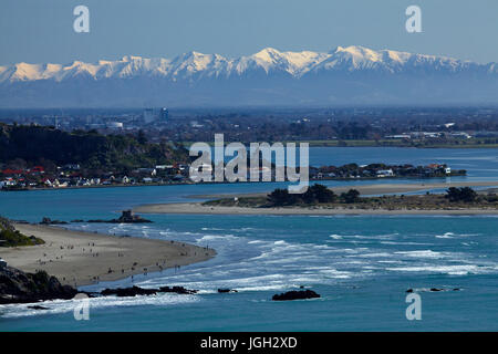 Die Flussmündung der Heathcote und Avon Flüsse, Christchurch, und der Südalpen, Canterbury, Südinsel, Neuseeland Stockfoto