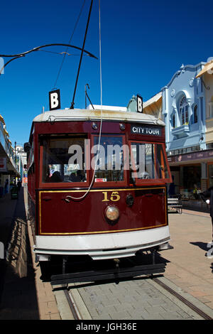 Straßenbahn und Art-Deco-Gebäude, neue Regent Street, Christchurch, Canterbury, Südinsel, Neuseeland Stockfoto