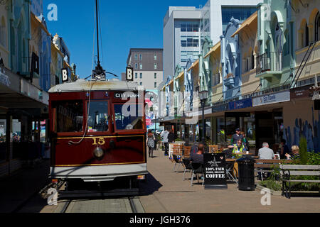 Straßenbahn und Art-Deco-Gebäude, neue Regent Street, Christchurch, Canterbury, Südinsel, Neuseeland Stockfoto