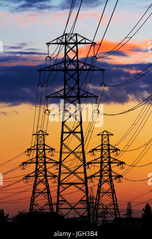 Strommasten bei Sonnenuntergang, Christchurch, Canterbury, Südinsel, Neuseeland Stockfoto