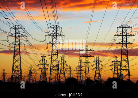 Strommasten bei Sonnenuntergang, Christchurch, Canterbury, Südinsel, Neuseeland Stockfoto