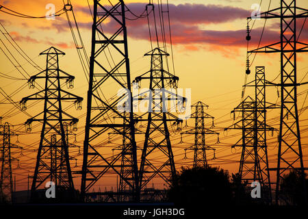 Strommasten bei Sonnenuntergang, Christchurch, Canterbury, Südinsel, Neuseeland Stockfoto