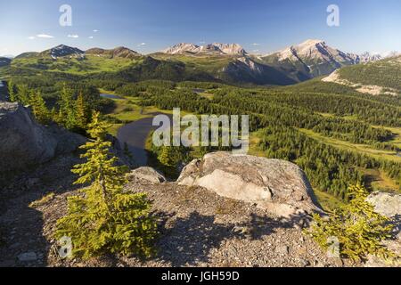 Landschaftlich Schöne Aussicht Grüne Alpine Wiese Blaue Seenlandschaft. Canadian Rocky Mountains Skyline Healy Pass Wandern Banff National Park Sommerzeit Stockfoto