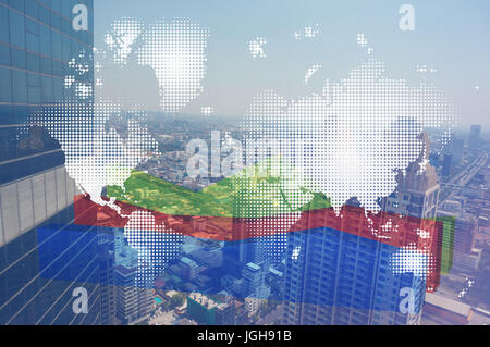 Doppelbelichtung Stadtbild und finanzielle Graph Chart, Netzwerk und Welt Karte auf unscharfen Gebäude Hintergrund, Elemente des Bildes von der NASA eingerichtet Stockfoto