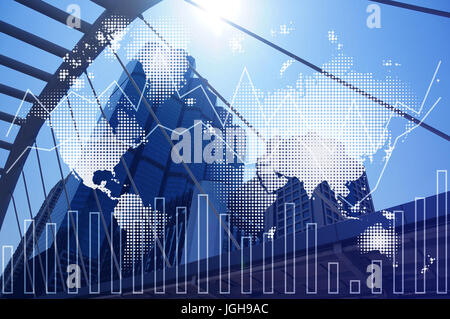 Doppelbelichtung Stadtbild und finanzielle Graph Chart, Netzwerk und Welt Karte auf unscharfen Gebäude Hintergrund, Elemente des Bildes von der NASA eingerichtet Stockfoto