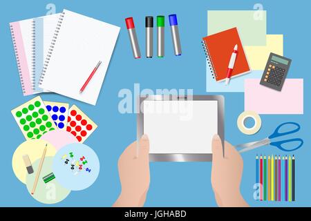 Bildung Versorgungsgüter und Ausrüstungsgegenstände für Mäßigung Konzept. Hände halten Tablet mit leeren Bildschirm sind in der Mitte des Vektors. Stock Vektor