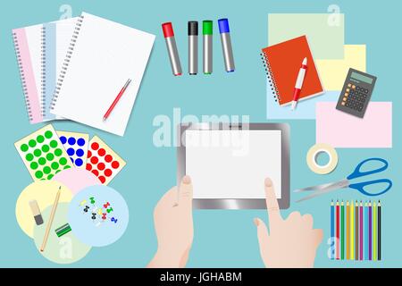 Übergibt berühren Tablet mit leeren Bildschirm liegen Ausrüstung für Bildung und Moderation. Stock Vektor