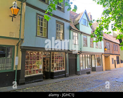 Historische Gebäude in Elm Hill gepflasterte Gasse Straße, Norwich, Norfolk, England, UK Stockfoto