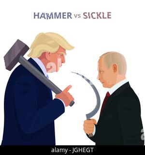 Donald Trump und Wladimir Putin, poster Karikatur mit konzeptionellen Inschrift Hammer vs Sichel. Stock Vektor