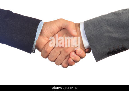 Handschlag von zwei Geschäftsleute Nahaufnahme. Handshake isoliert auf weißem Hintergrund. Geschäftlichen Deal und Vertrauen Konzept. Stockfoto