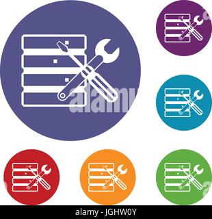 Datenbank mit Screwdriverl und Schraubenschlüssel Icons set Stock Vektor