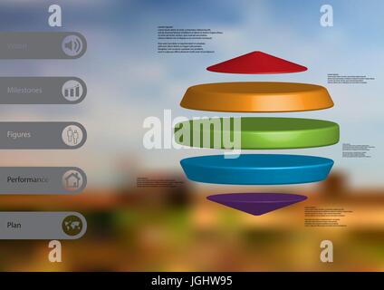 3D Illustration Infografik Vorlage mit Motiv aus drei Zylindern zwischen zwei Kegeln mit einfachen Zeichen und Beispieltext auf Seite horizontal angeordnet Stock Vektor