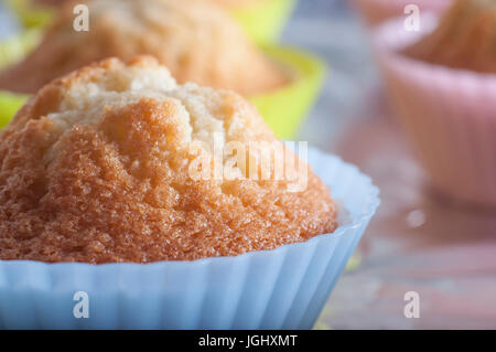 Nahaufnahme (Makro) von plain Vanilla Cupcakes in hellen Pastelltönen Silikon Fällen, frisch gebackene, schmucklos und ruht auf einer Folie abgedeckt Backblech. Stockfoto