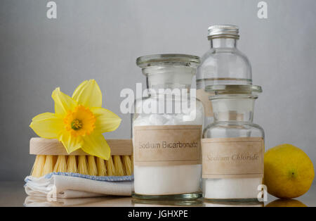 Stillleben mit natürlichen Reinigung Entscheidungen.  Natron und Salz in Apotheke Gläser, Essig dahinter und eine Zitrone auf der rechten Seite.  Eine gefaltete Stockfoto