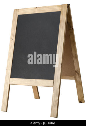 Gewinkelt, bleibt mit Blick auf eine freistehende a-Frame-Tafel, Board leer, Textfreiraum werden soll und isoliert gegen eine weiße Backkground. Stockfoto