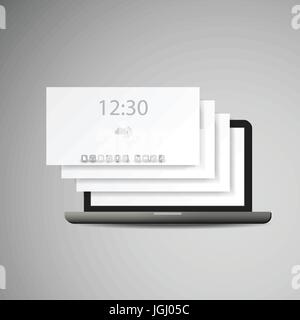 Laptop mit Schichten und Ikonen - abstrakte schwarz-weiß-Technik, IT oder Business-Illustration-Vorlage im Vektorformat frei skalierbar und editierbar Stock Vektor