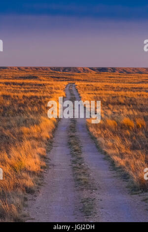 Straße durch Shortgrass Steppe Grasland Grünland auf dem Bureau of Land Management Land in der Nähe von Caprock im östlichen New Mexico, USA Stockfoto