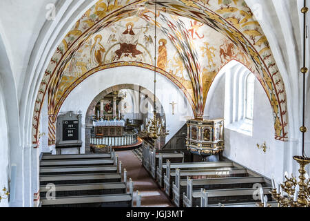 Alte Kirche in Vinderslev, berühmt für seine gotischen Wandmalereien, Dänemark, 22. Juni 2017 Stockfoto