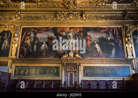 Venedig, Italien - Juni 05, 2017: Schlacht von Lepanto Malerei an Senat Halle oder Sala del Senato des Palazzo Ducale (Dogenpalast) in Venedig, Italien Stockfoto