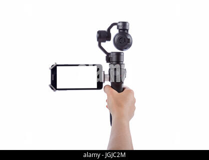 Innovative Digitalkamera ist eine neue Generation mit elektronischer Stabilisator. Isoliert auf weißem Hintergrund. Stockfoto