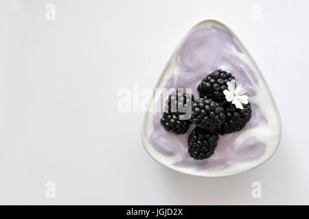 Brombeeren mit Joghurt in einer Keramikschale auf weißem Hintergrund Stockfoto