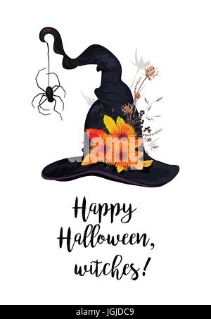 Happy Halloween Text, Grußkarte mit magischen Hexenhut mit schwarze Spinne auf Web orange Blumen und Distel. Poster Banner Vektor Kunst Illustration de Stock Vektor