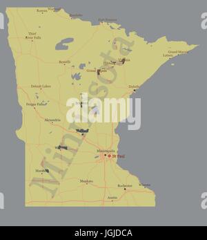 Minnesota vector State Map mit Gemeinschaftshilfe und aktiviert Symbole Original Pastell auf grauem Hintergrund Illustration isoliert. Stock Vektor