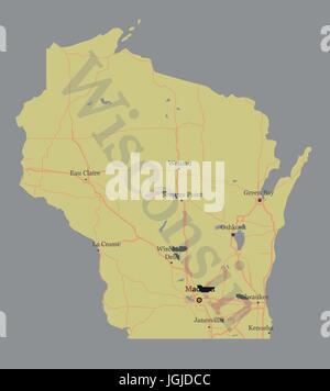 Wisconsin genaue Vektor genaue Details State Map Gemeinschaftshilfe und aktiviert Symbole Original Pastell Illustration. Vereinigte Staaten von amerik. Stock Vektor