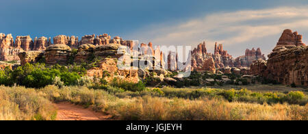 Die Aussicht vom Campingplatz Devils Küche mit Blick in Richtung Chesler Park in Canyonlands National Park, Utah, USA Stockfoto