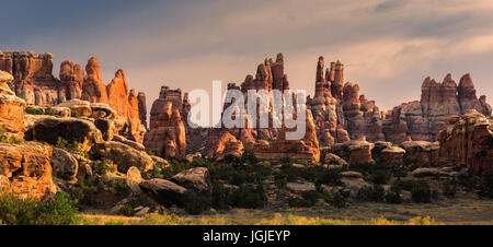 Die Aussicht vom Campingplatz Devils Küche mit Blick in Richtung Chesler Park in Canyonlands National Park, Utah, USA Stockfoto