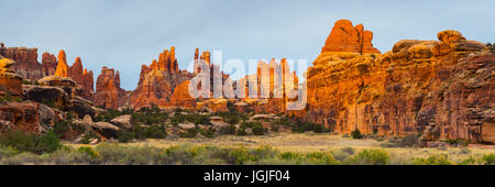 Der Sonnenaufgang vom Teufel Küche Campingplatz mit Blick in Richtung Chesler Park in Canyonlands National Park, Utah, USA Stockfoto