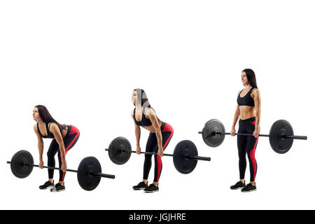 Die Technik, die eine Ausübung der Kreuzheben mit einem barbell eines jungen Sport Mädchen auf weißem Hintergrund isoliert, drei Positionen Stockfoto