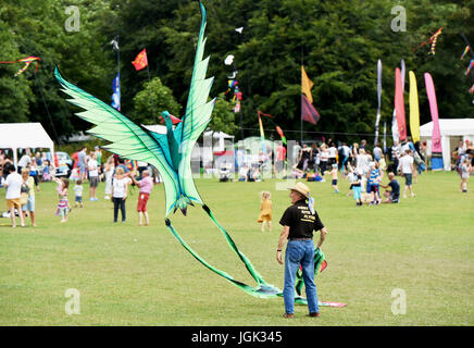 Brighton, UK. 8. Juli 2017. Hunderte von Kite-Enthusiasten genießen Sie heiße Wetter beim jährlichen Brighton Kite Festival in Stanmer Park statt. Die Veranstaltung, organisiert von Brighton Drachenflieger ist eines der am längsten laufenden Drachen-Festivals im Vereinigten Königreich mit einigen Britains größten Drachen auf dem Display Credit: Simon Dack/Alamy Live News Stockfoto