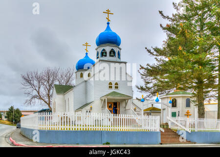 Die Heilige Auferstehungskirche, eine russisch-orthodoxe Kirche außen in Kodiak, Alaska, USA. Stockfoto