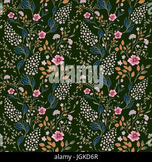 Vektor nahtloser leuchtender bunte sanfter Hand gezeichnet wenig ditsy Blumenmuster. Helle Blumen allover-Druck auf schwarzem Hintergrund Stock Vektor