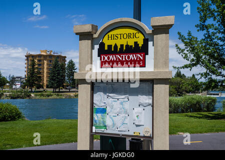 Historische Innenstadt von Idaho Falls unterzeichnen und entlang des Snake RIver Karte Stockfoto