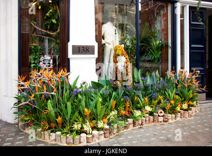 Hacketts Chelsea in voller Blüte Floral Fahrbahn anzeigen in 138 Sloane Street, London SW3 Stockfoto