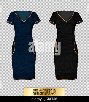Jeans Kleid Set. Kleid Modell Damenkollektion. Realistische Vektor-Illustration. Editierbare handgefertigte Maschen. Klassisches Kleid mit kurzen Ärmeln. Stock Vektor