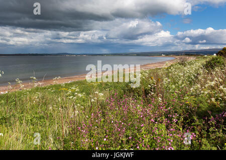 Stadt von Fortrose, Schottland. Malerische Aussicht auf die Rosemarkie Bay Strand mit Chanonry Point Leuchtturm im Hintergrund. Stockfoto