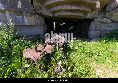 Zerstört Artillerie Batterie Longues-Sur-Mer, Normandie, Frankreich. Stockfoto